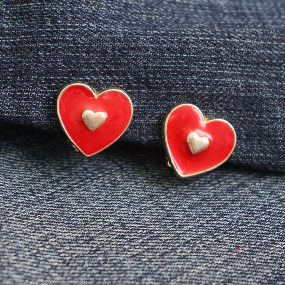 VTG 1980s Enamel Heart Clip On Earrings - Picture 2 of 3